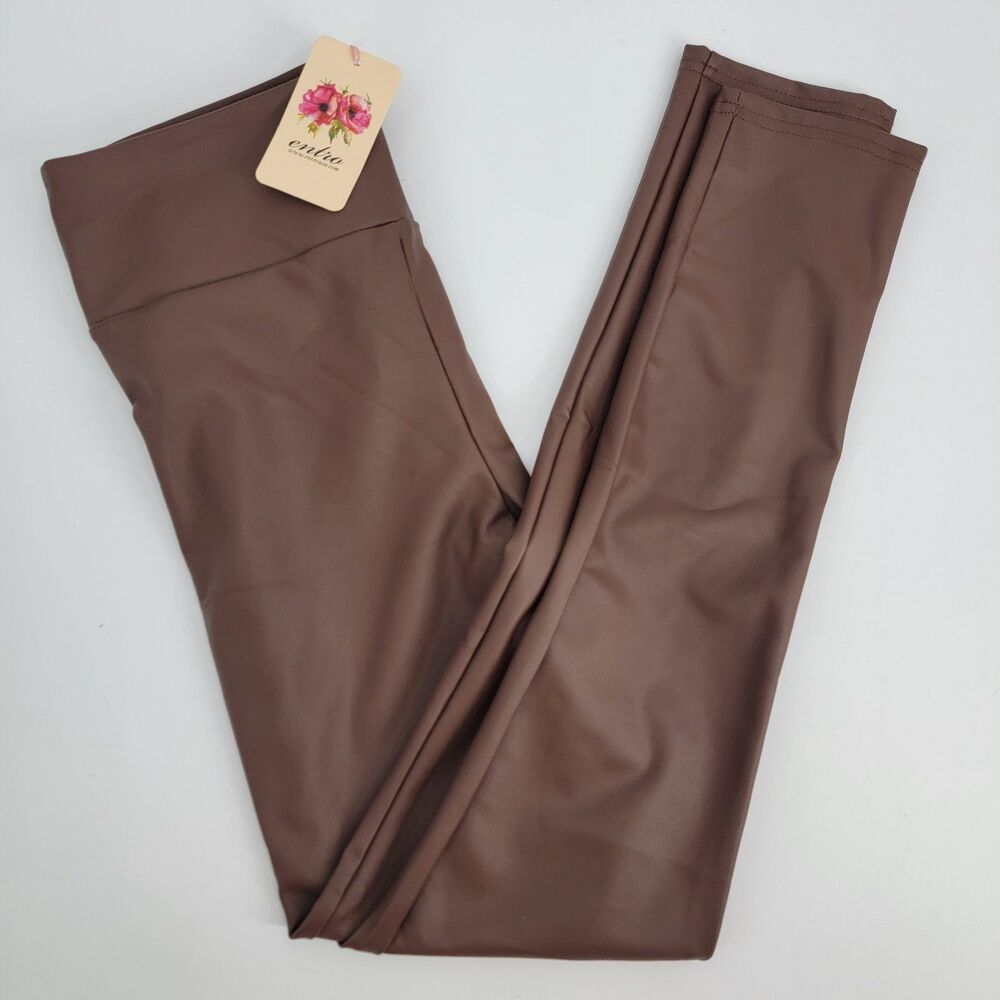 Entro Womens S Dark Brown Faux Leather Stretch Lined Leggings Ankle Skinny NWT